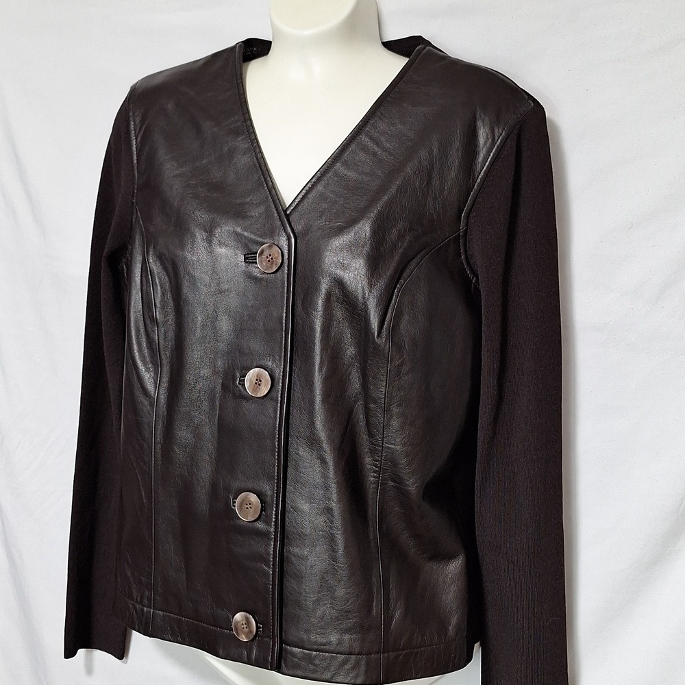Anne Klein Sweater Jacket Genuine Leather Button Down - Picture 3 of 10